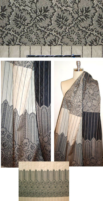 Italian black/bone leafy trellis stripe panel jacquard .75 yds