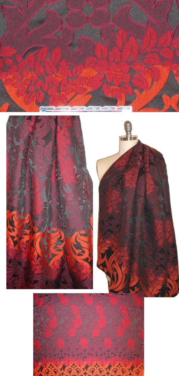 Italian red/spicy orange/burgundy floral panel brocade