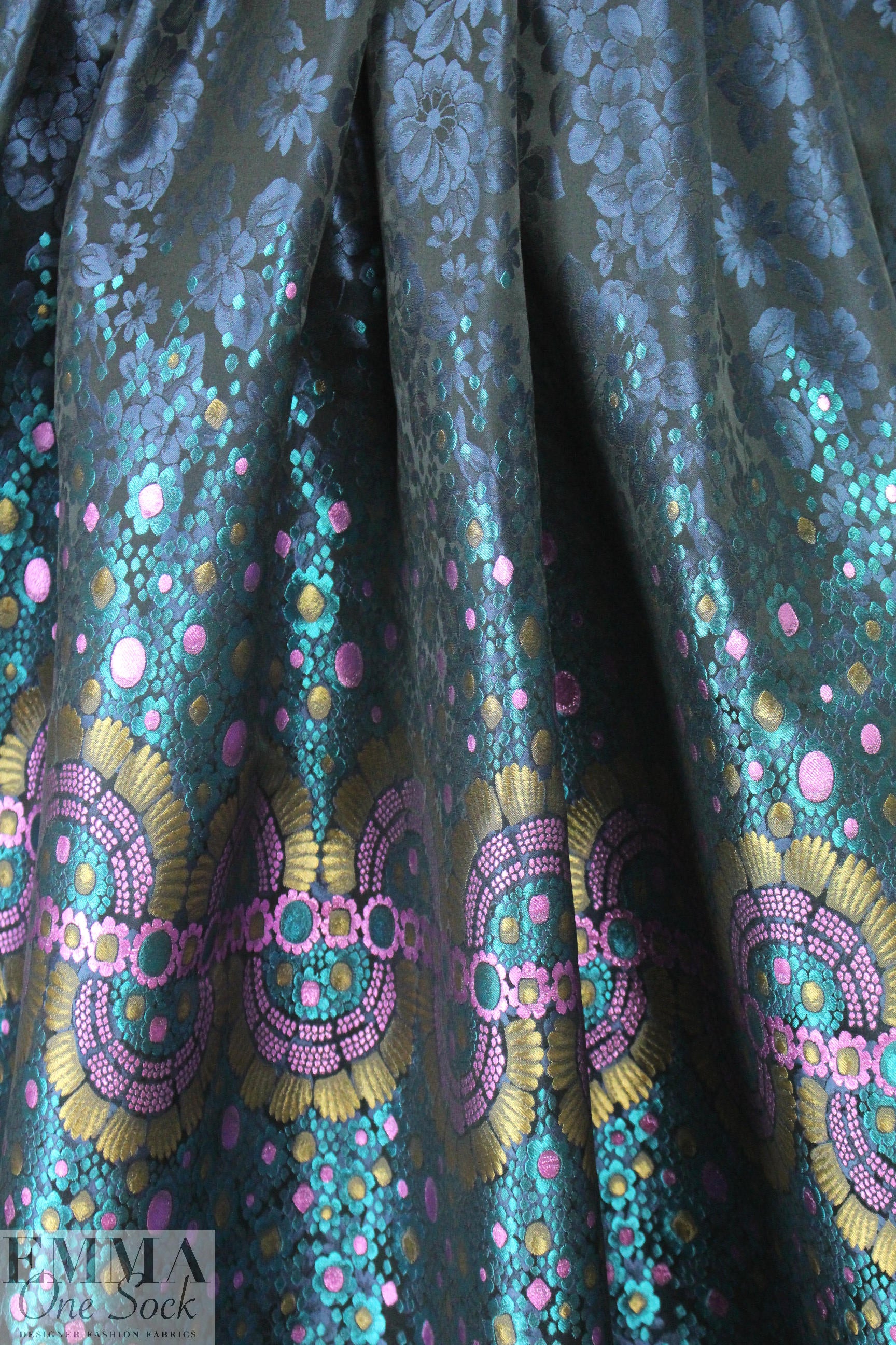 Italian teal/pink border design panel brocade