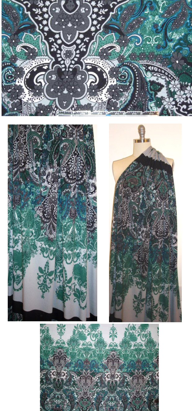 Italian gray/black/green paisley panel knit 1 yard *ONE FULL PANEL*