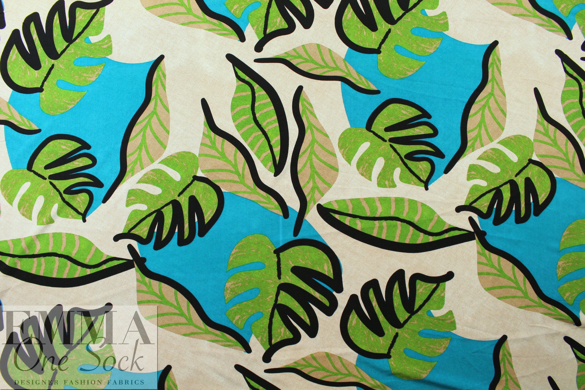 'deco-leaf drama' viscose woven - turquoise/lime 2 yd