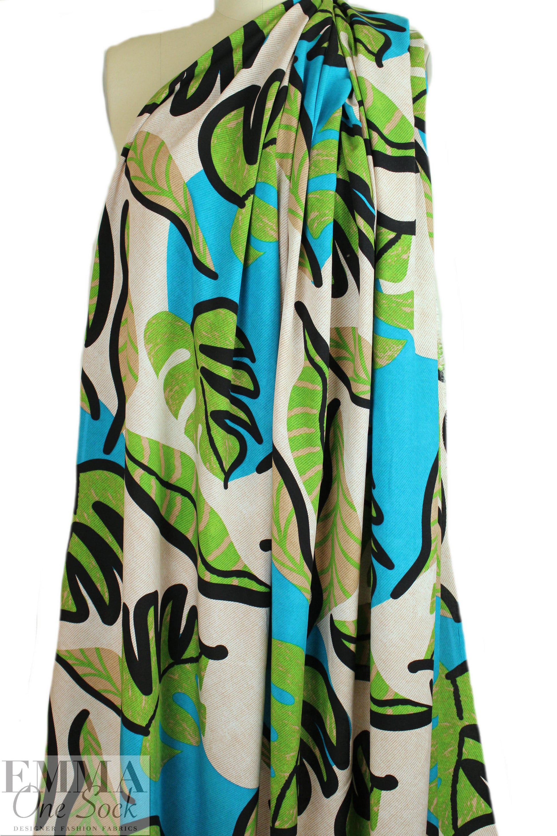 'deco-leaf drama' viscose woven - turquoise/lime 2 yd