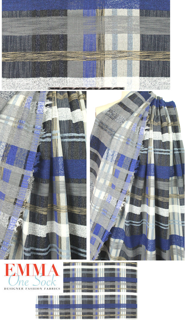 famous designer fancy weave textured plaid - blue 3 yd