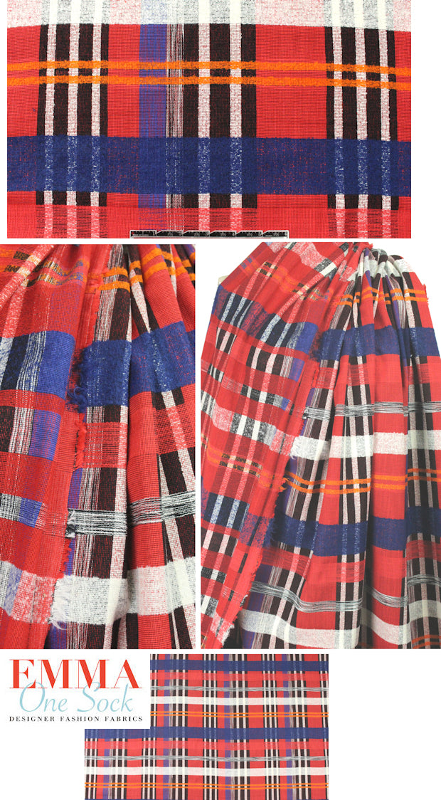 famous designer fancy weave textured plaid - red