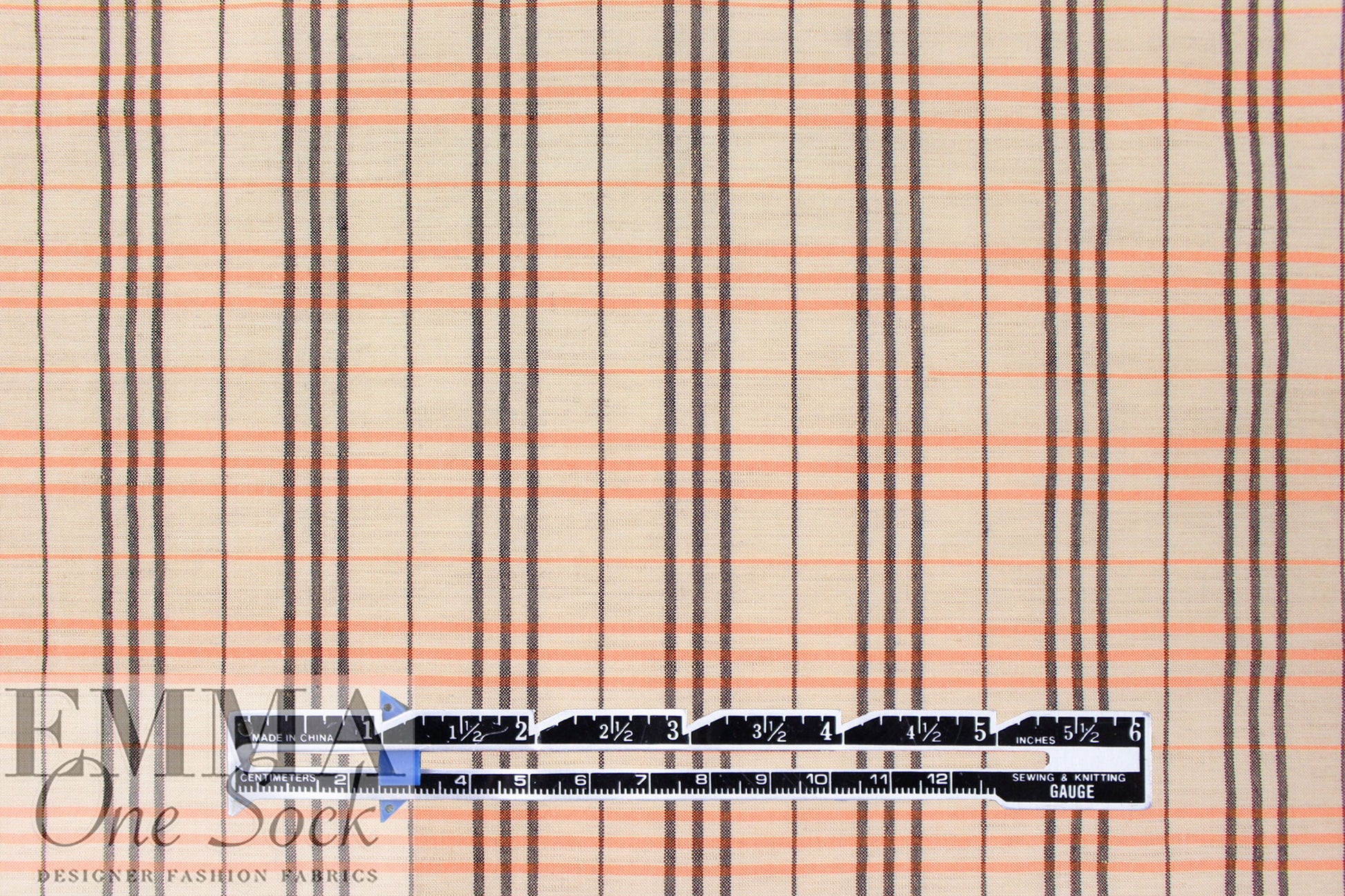 Italian plaid cotton stretch shirting - parchment/melon/off-black 1.875 yd