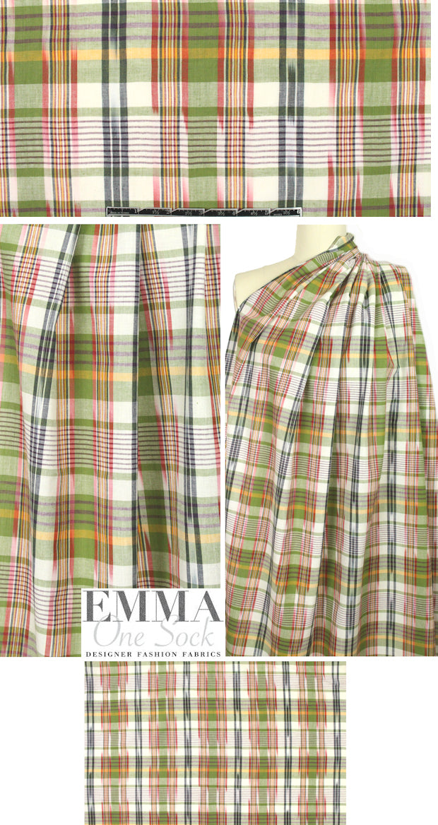 NY designer yarn dye plaid cotton shirting - fern/sorbet