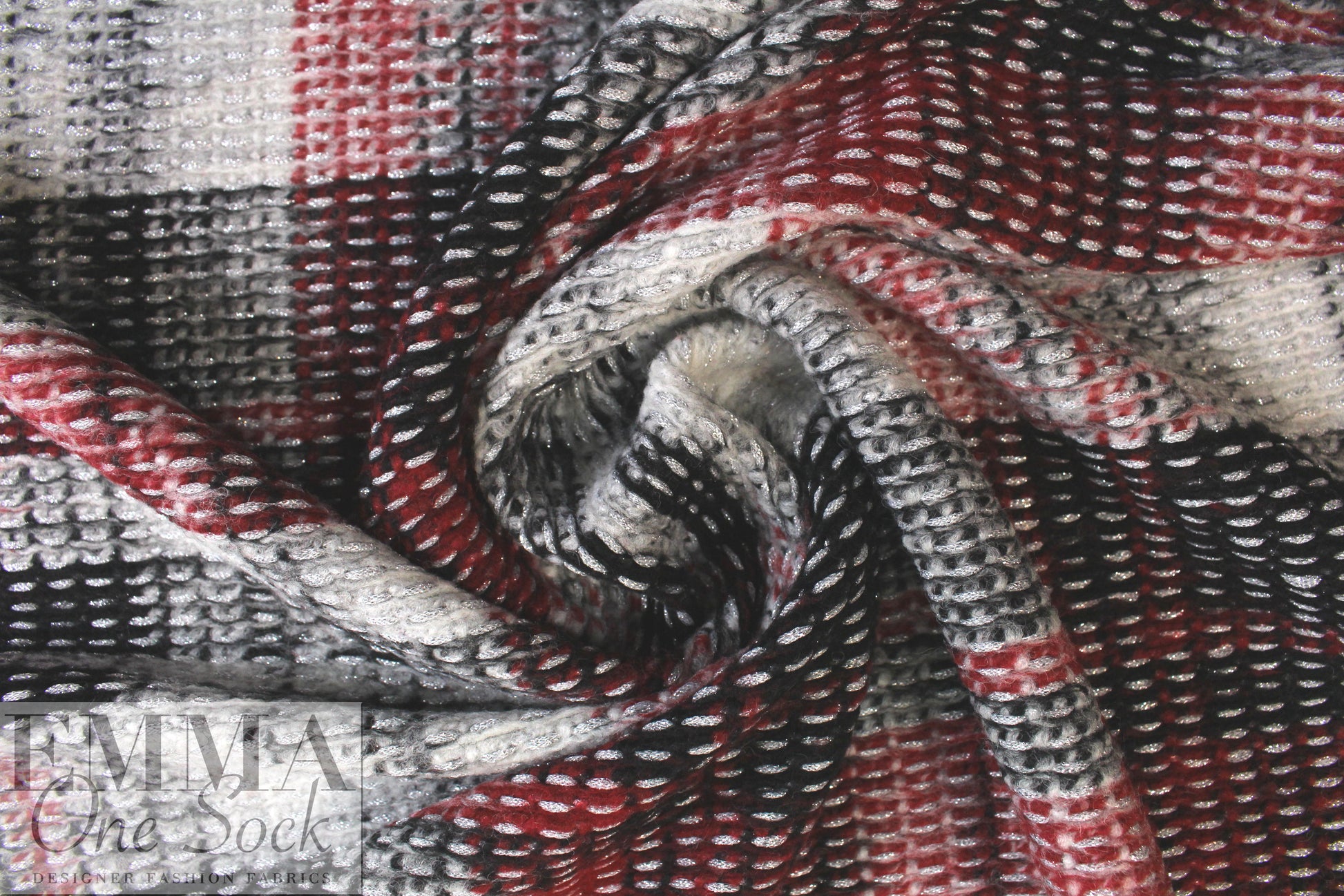 Italian textured wool plaid knit coating - claret/silver