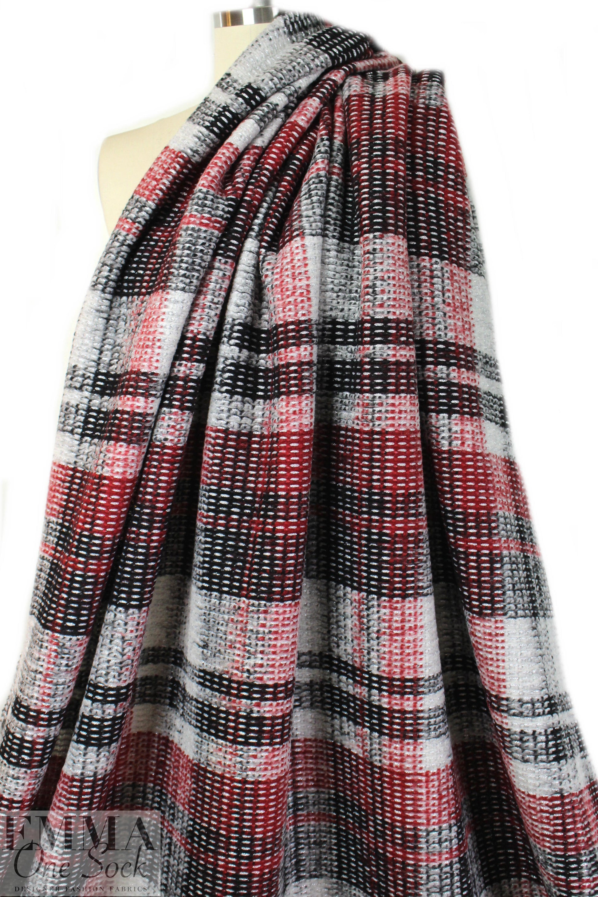 Italian textured wool plaid knit coating - claret/silver 3 yd