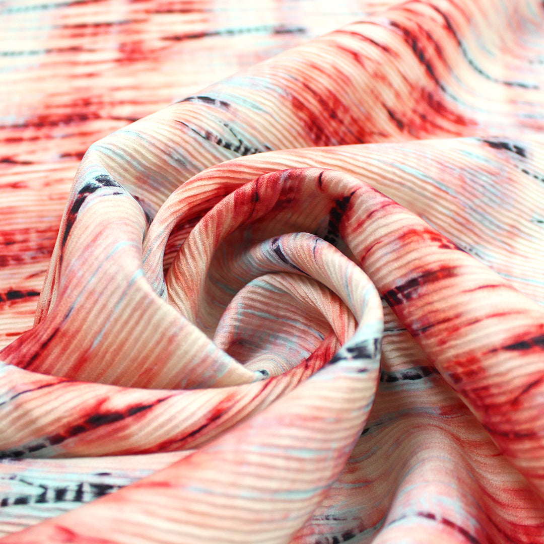 tie dye viscose accordion plisse' woven- pomegranate/sky 1.625 yd