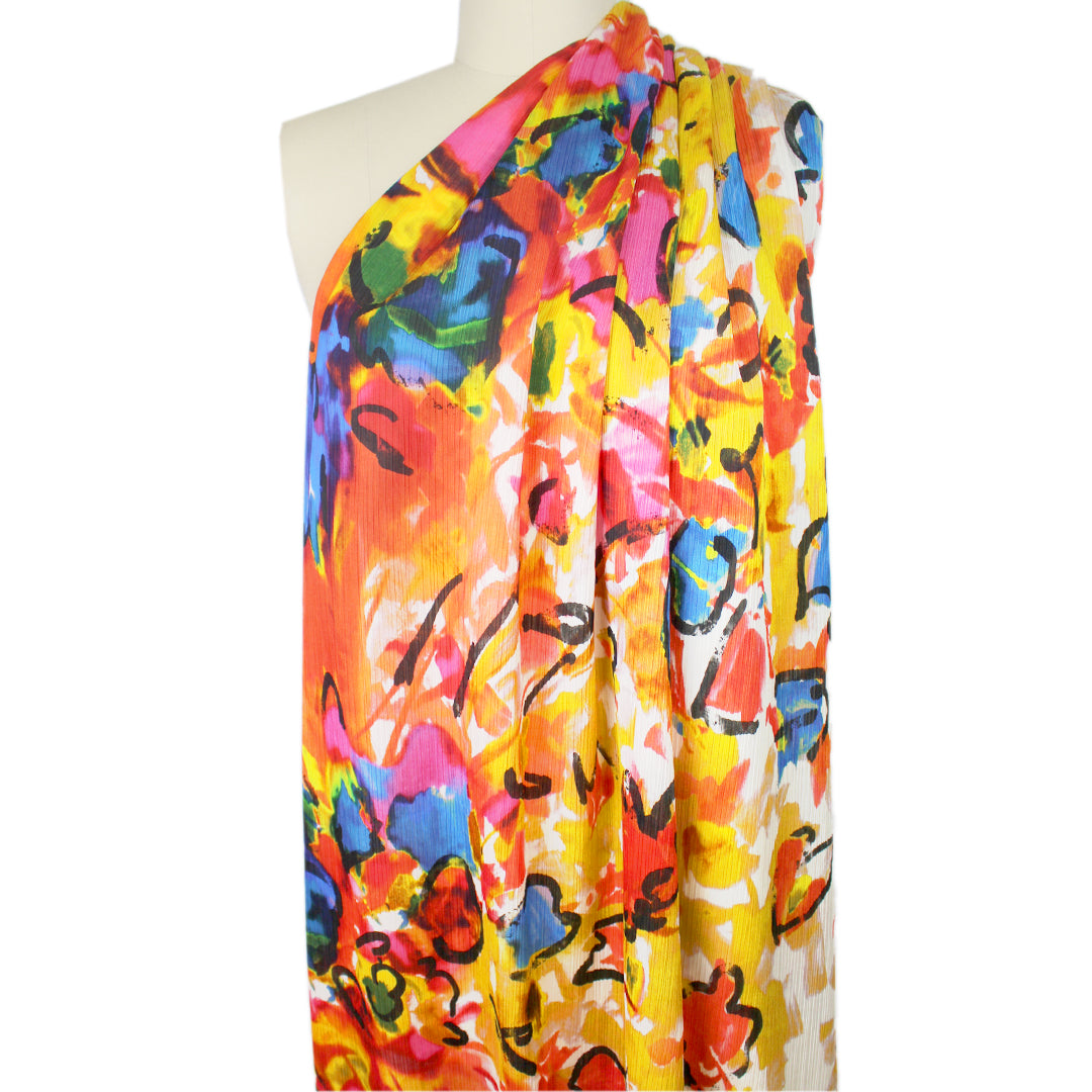 French silk/cotton 'painted floral' plisse' texture woven 1.5 yd