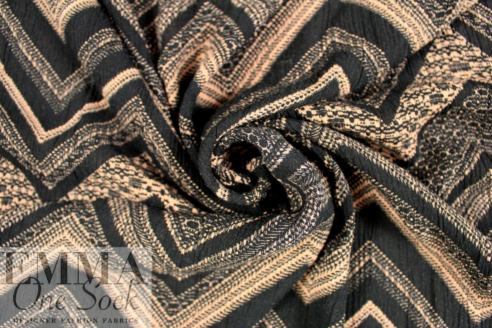 CA designer black/beige chevron viscose plisse' woven 2 yd