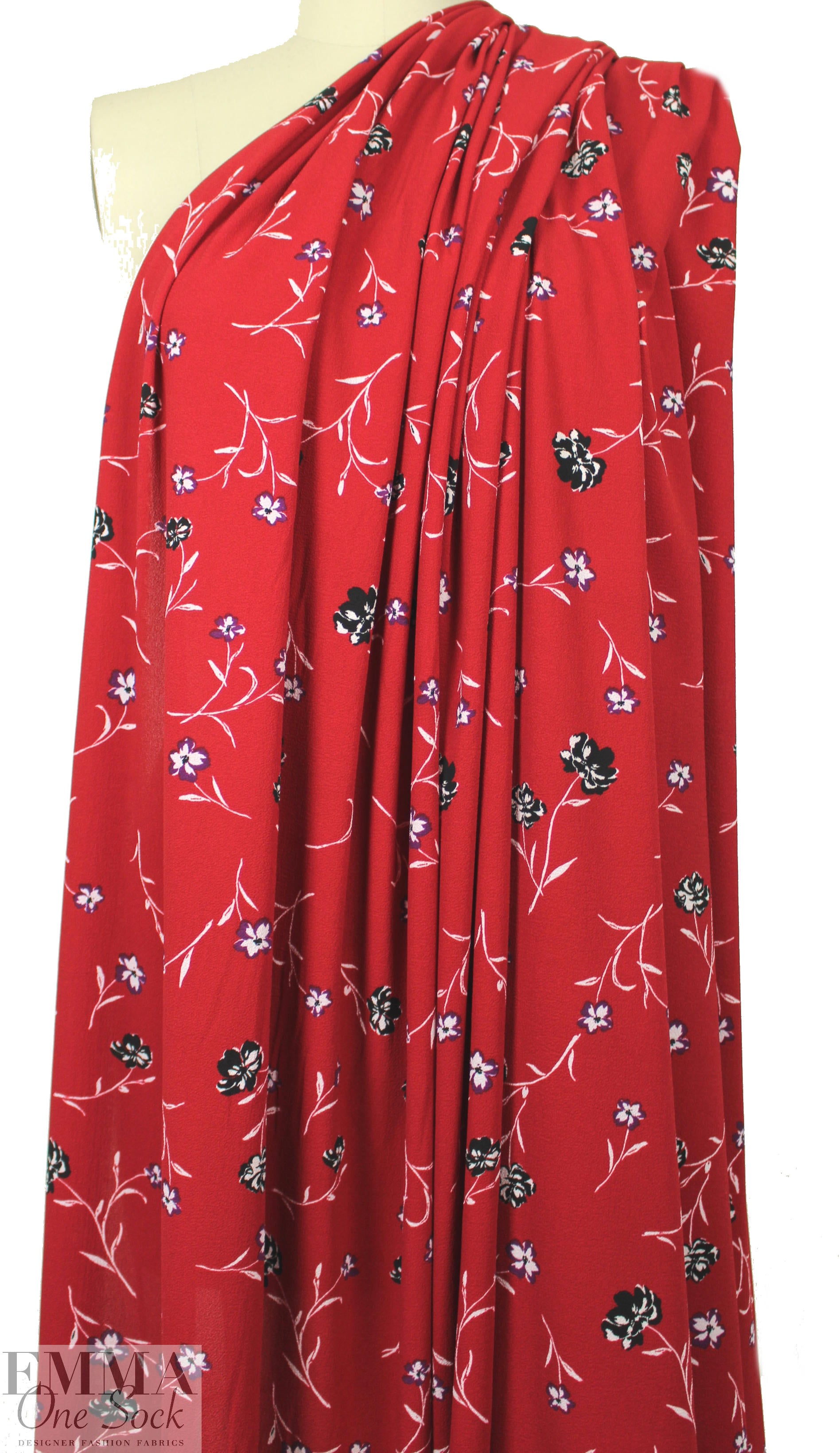 Pol0 textured crepe - flowers on red .75 yds
