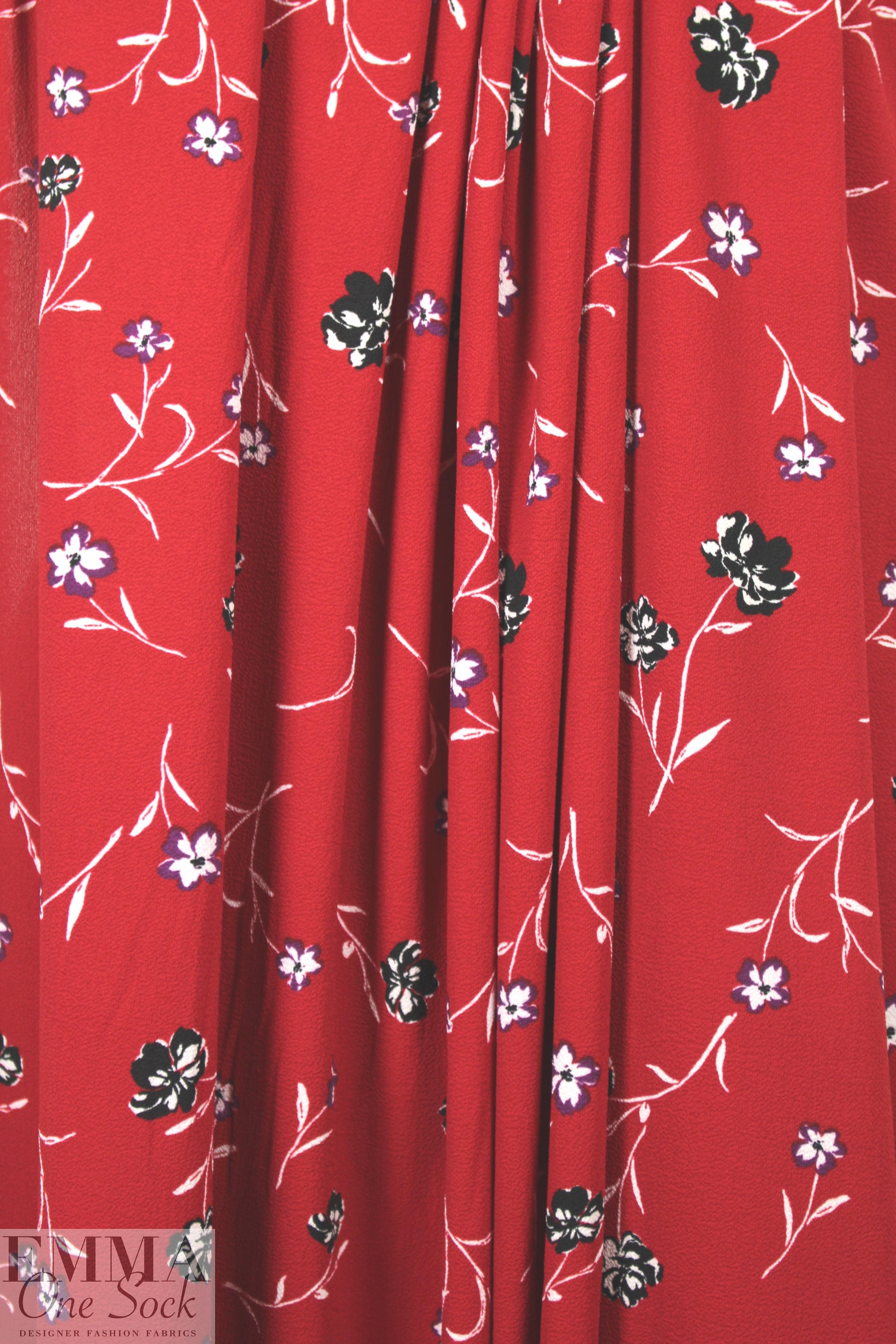 Pol0 textured crepe - flowers on red .75 yds