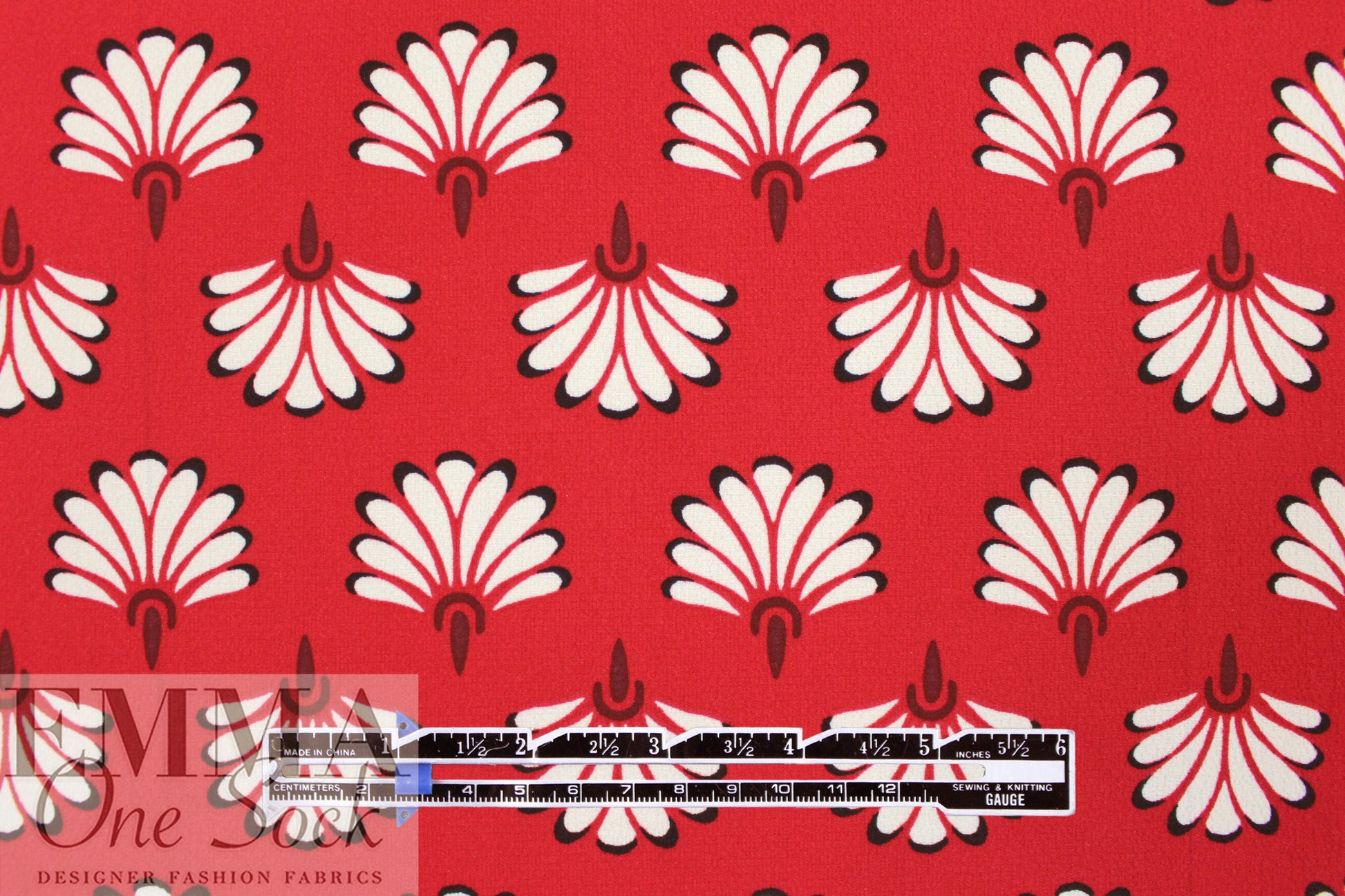 'emperor's fan' poly crepe print - red/ivory 2.125 yds