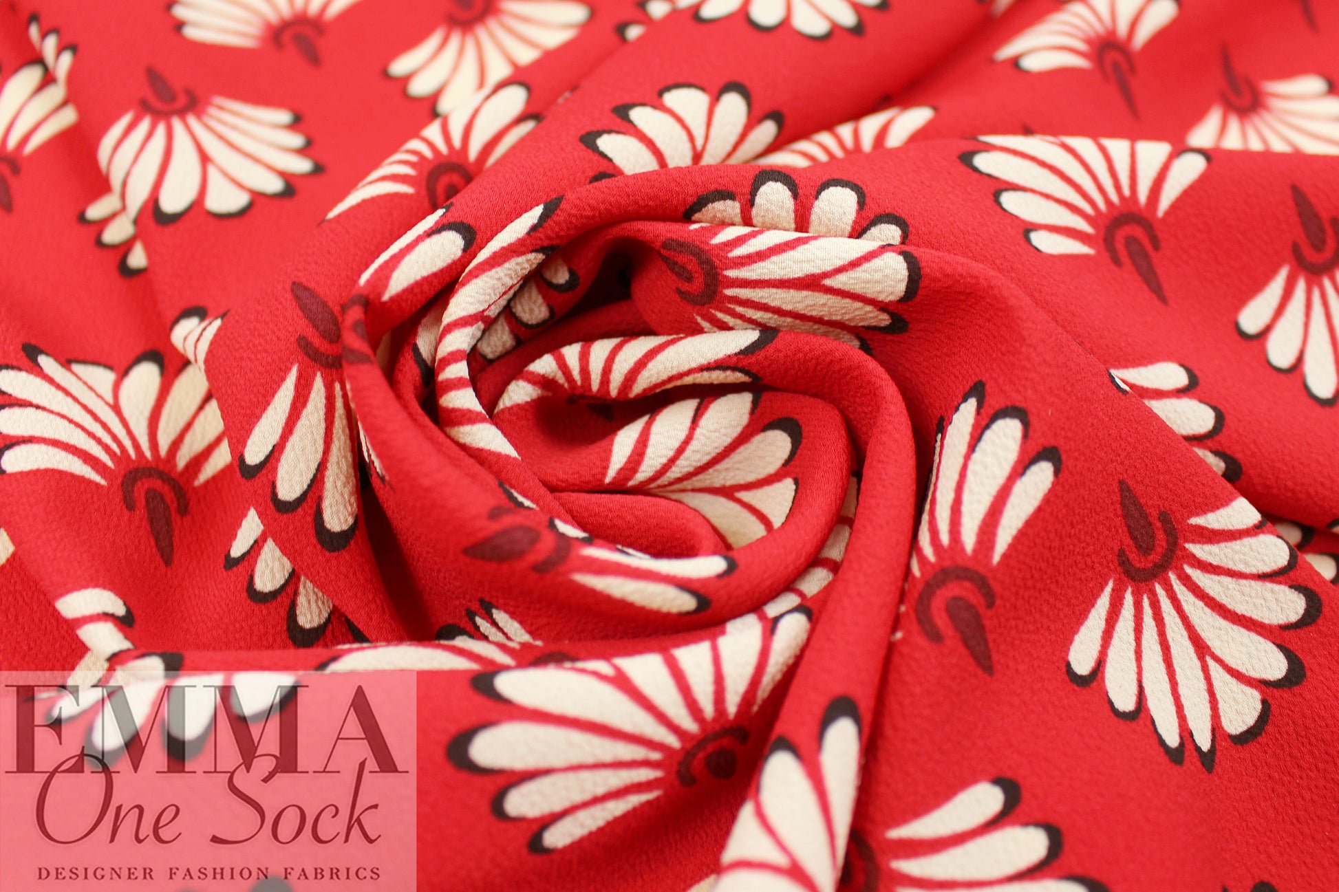 'emperor's fan' poly crepe print - red/ivory 1.875 yd