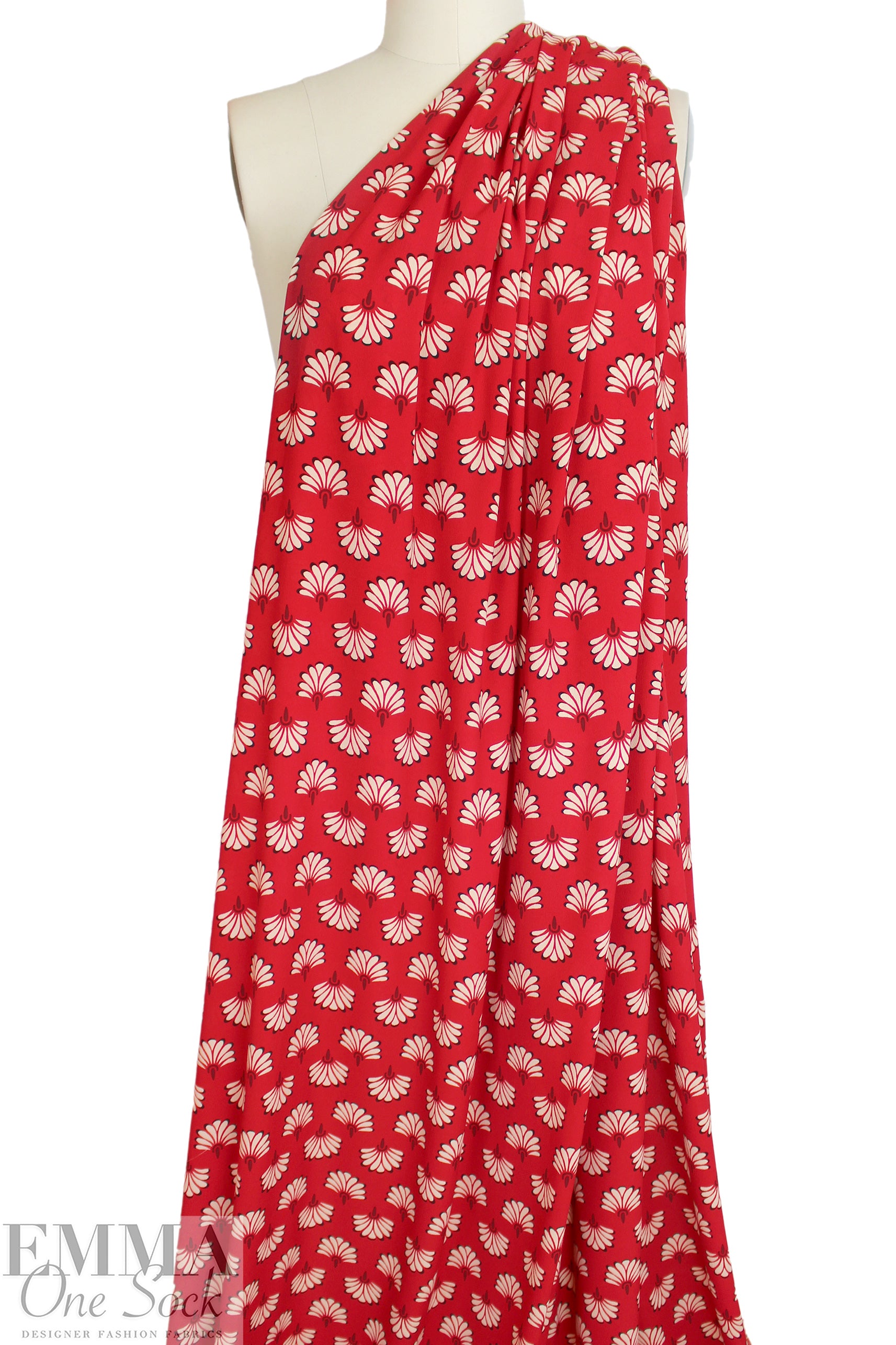 'emperor's fan' poly crepe print - red/ivory 1.875 yd