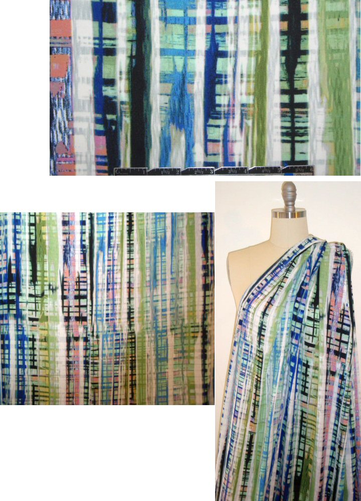 blue/green techno-plaid digital drapey woven 1.5 yds