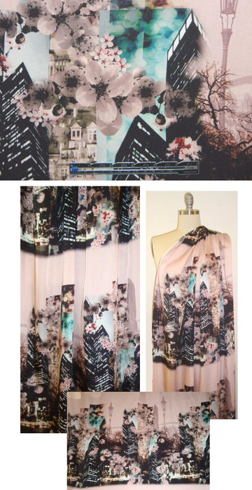French cityscape with blossoms panel poly charmeuse