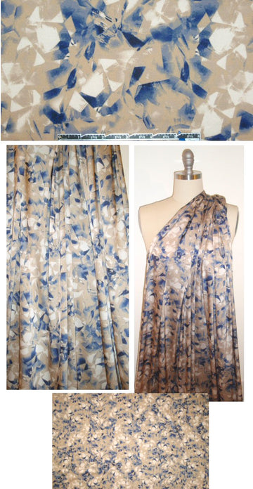 NY designer taupe/denim abstract stretch polysilk woven