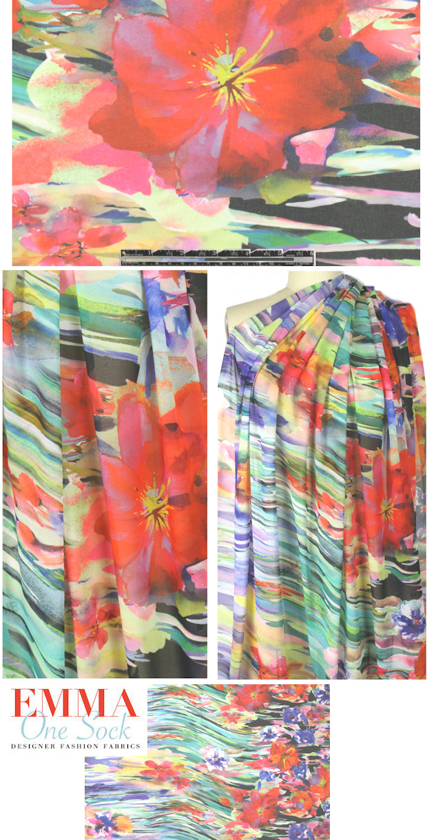 impressionist floral border print polysilk chiffon