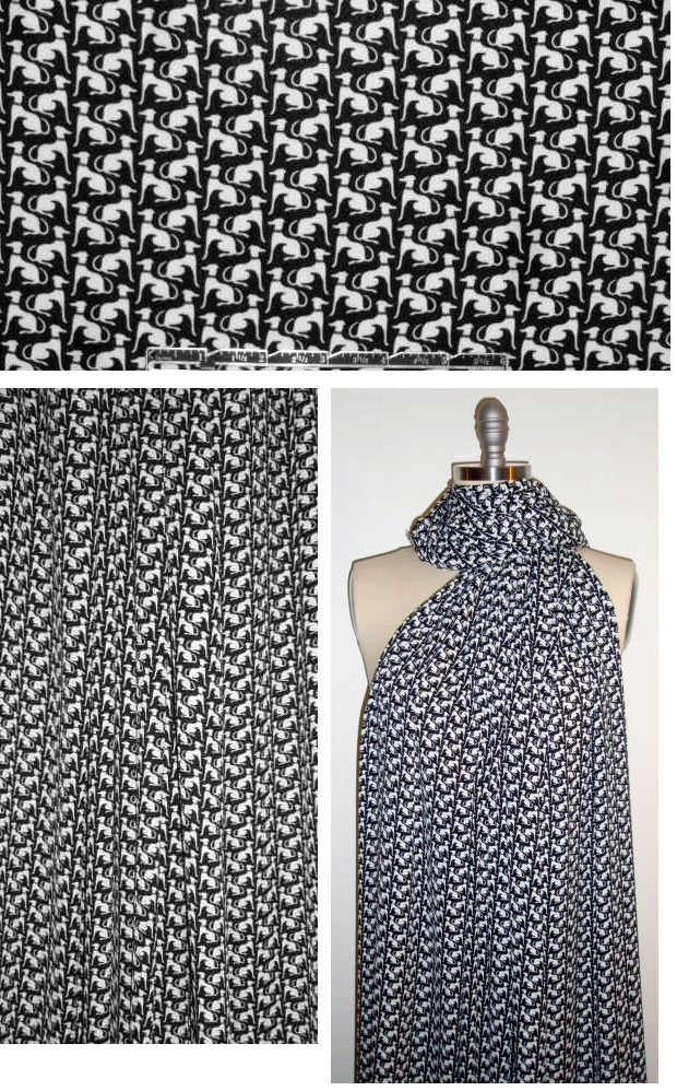 'sit, stay' white on black poly crepe woven 1.5 yd