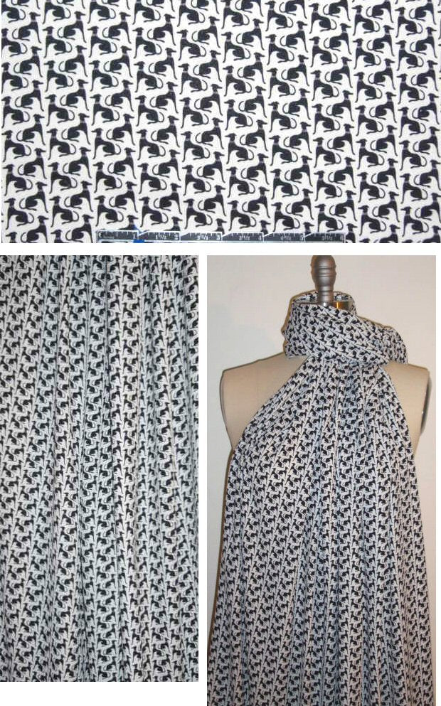 'sit, stay' black on white poly crepe woven 1 yard
