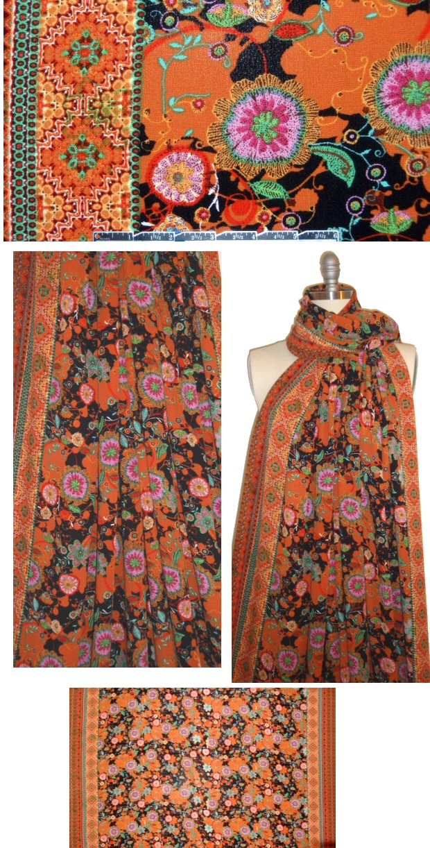 'embroidery' floral poly crepe woven - spice/lime 1.5 yd