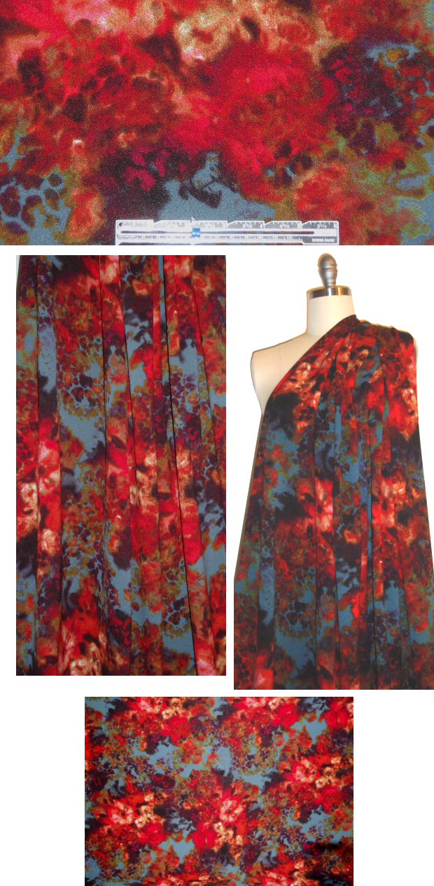 NY designer red/teal floral stretch crepe woven