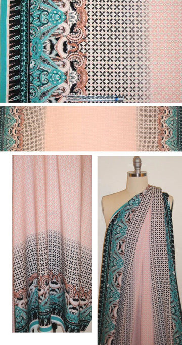 paisley graphic border print ltwt. woven - peachy pink 1 yard