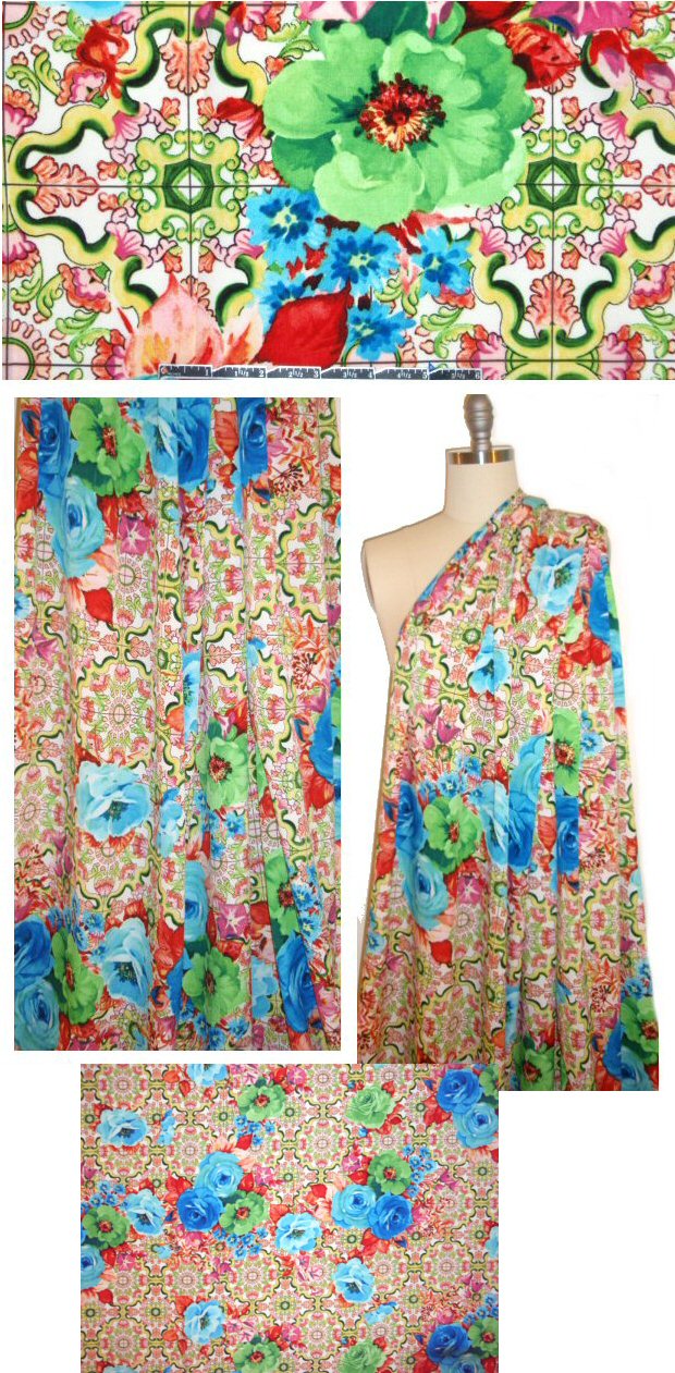 exotic floral poly crepe de chine - pink/sky