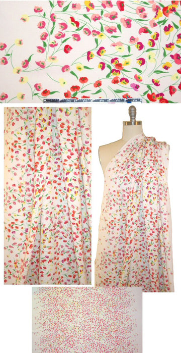 pretty floral poly 'silk' woven - cream/red