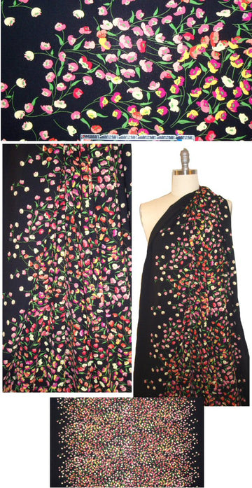 pretty floral poly 'silk' woven - black/coral
