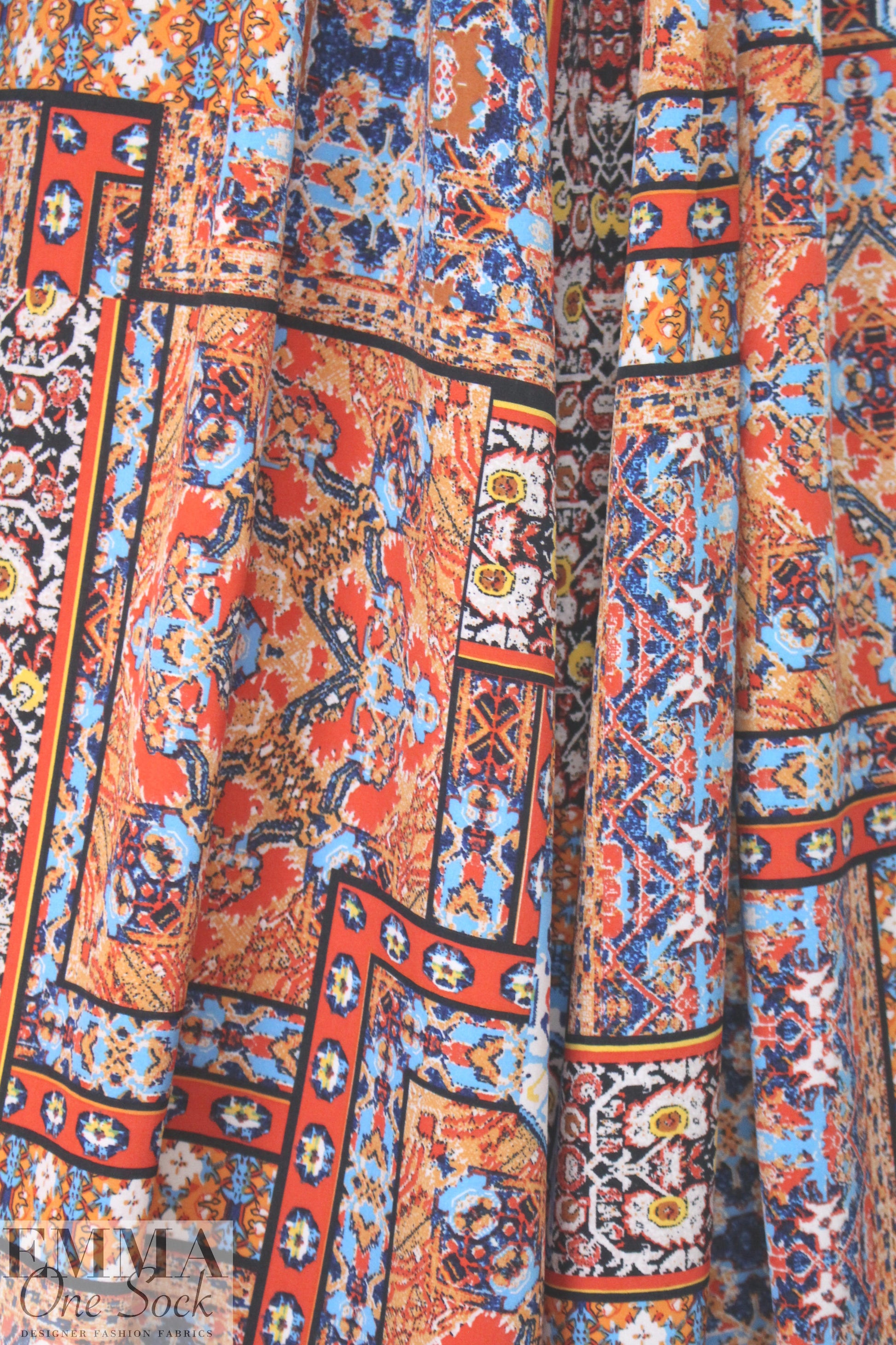 Istanbul patchwork drapey woven - red/sky 1.875 yd