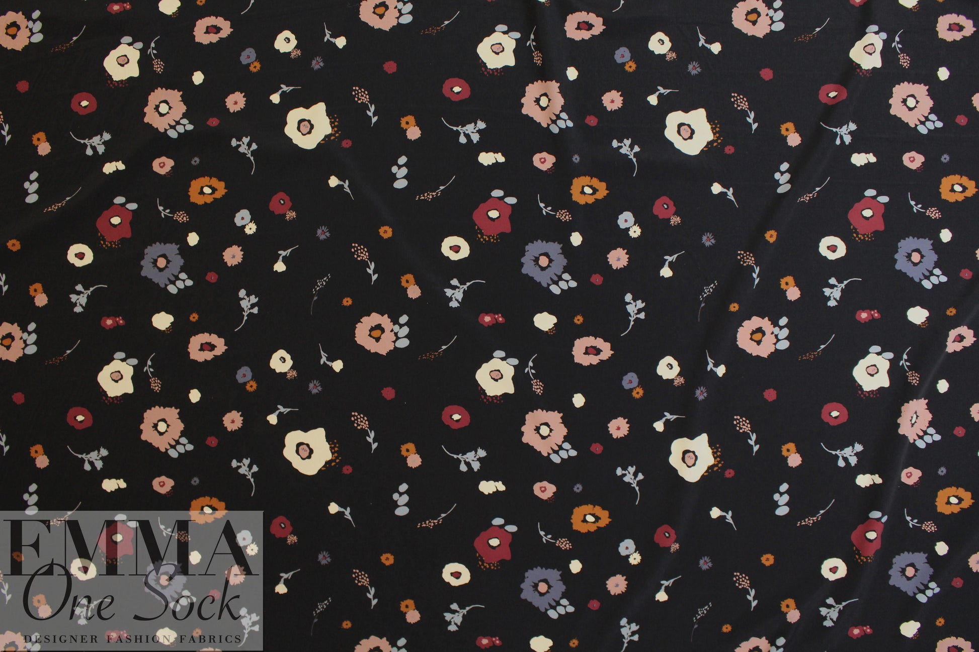 NY designer flower shower on black polysilk  .625 yds