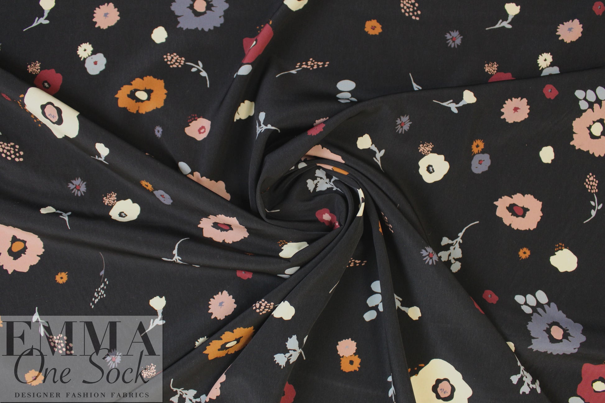 NY designer flower shower on black polysilk