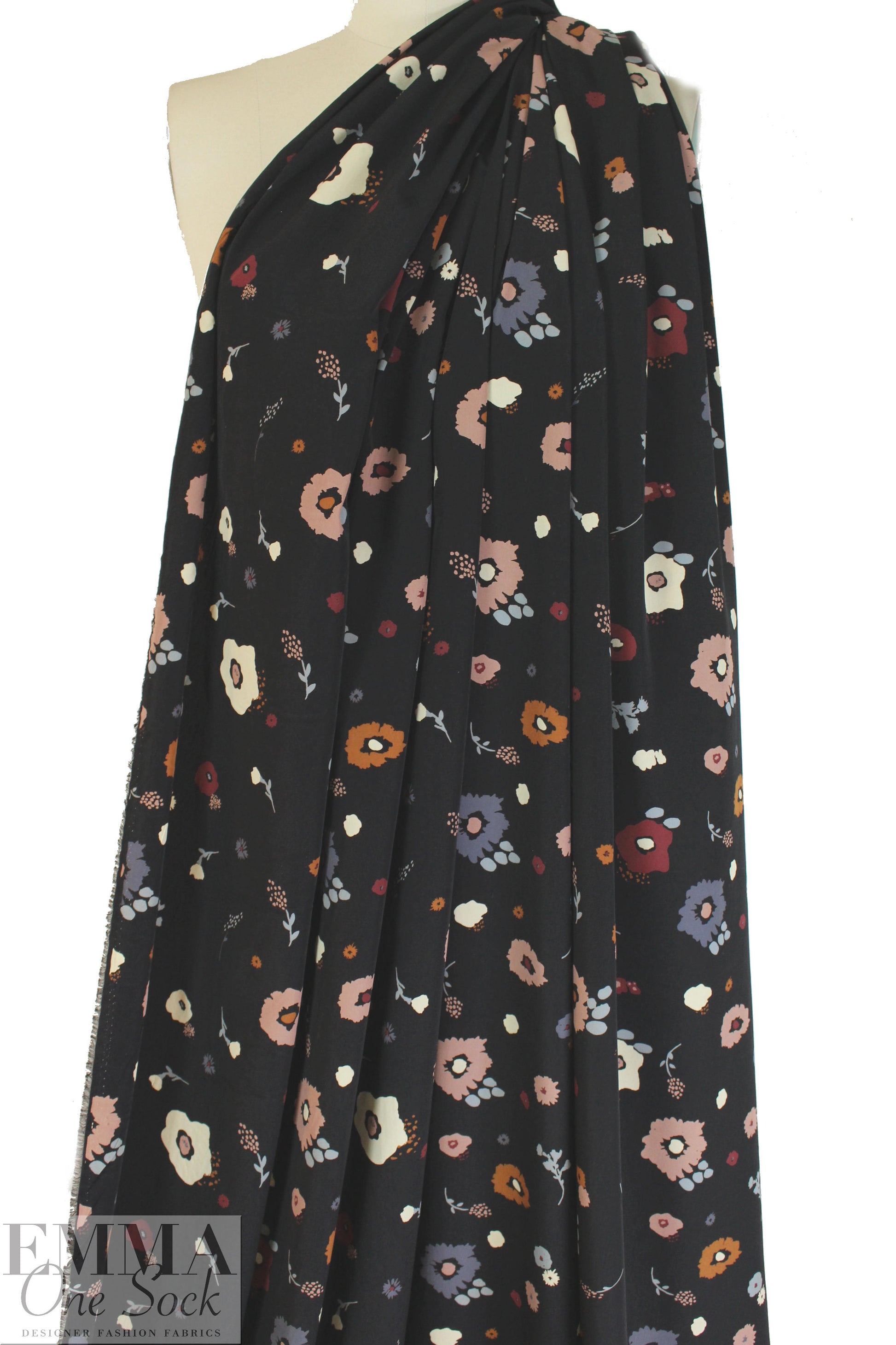 NY designer flower shower on black polysilk  .625 yds
