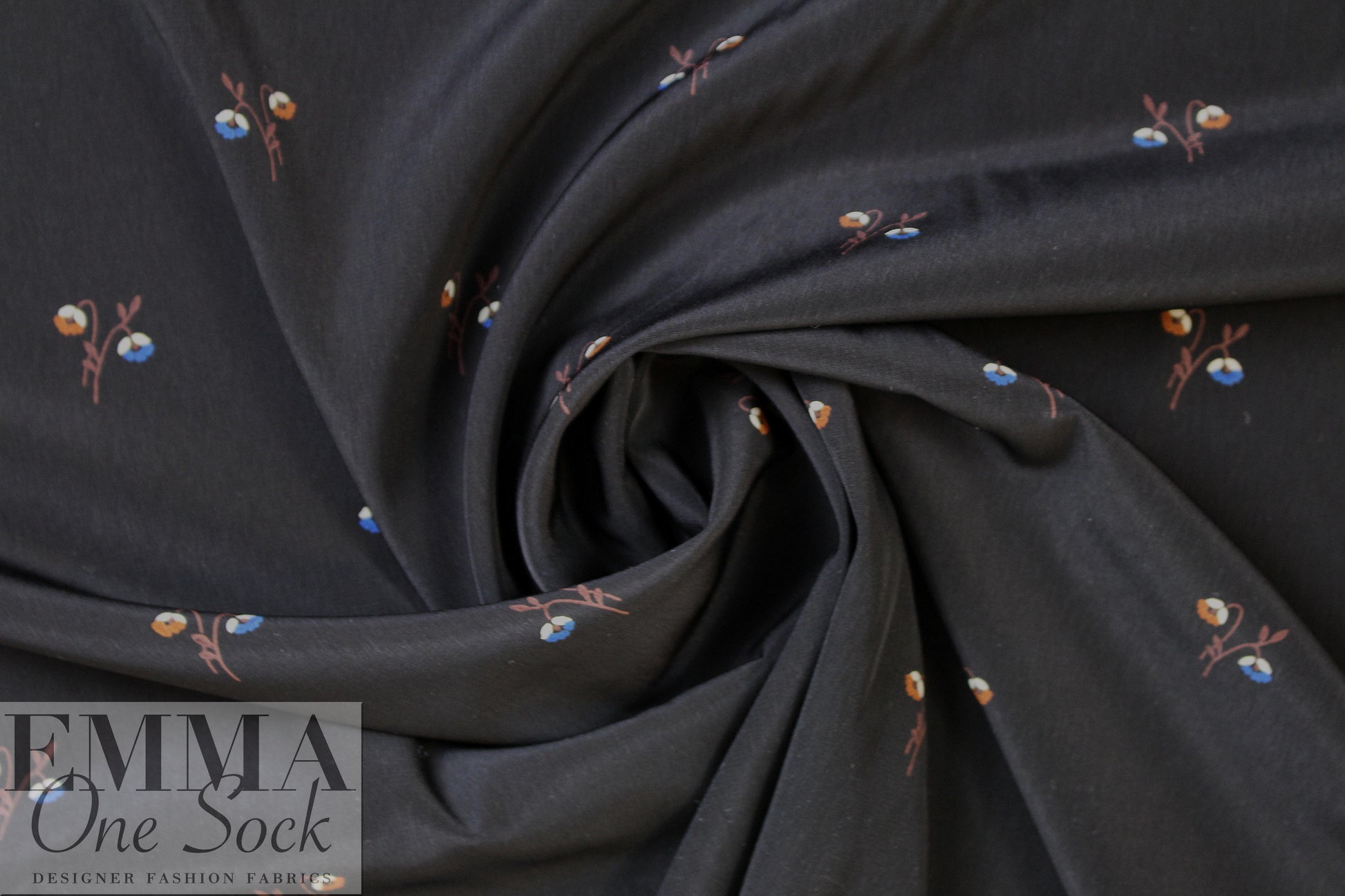 NY designer woodland floral on black polysilk  2 yds