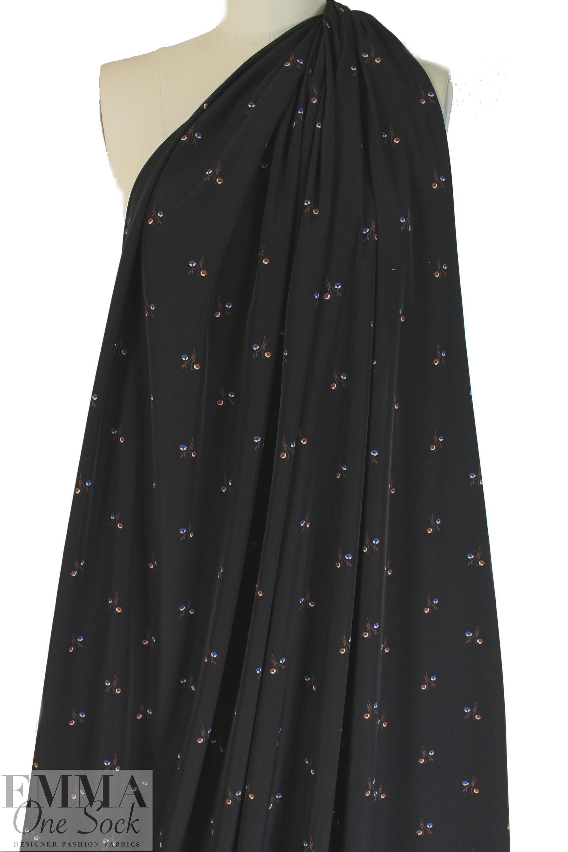 NY designer woodland floral on black polysilk