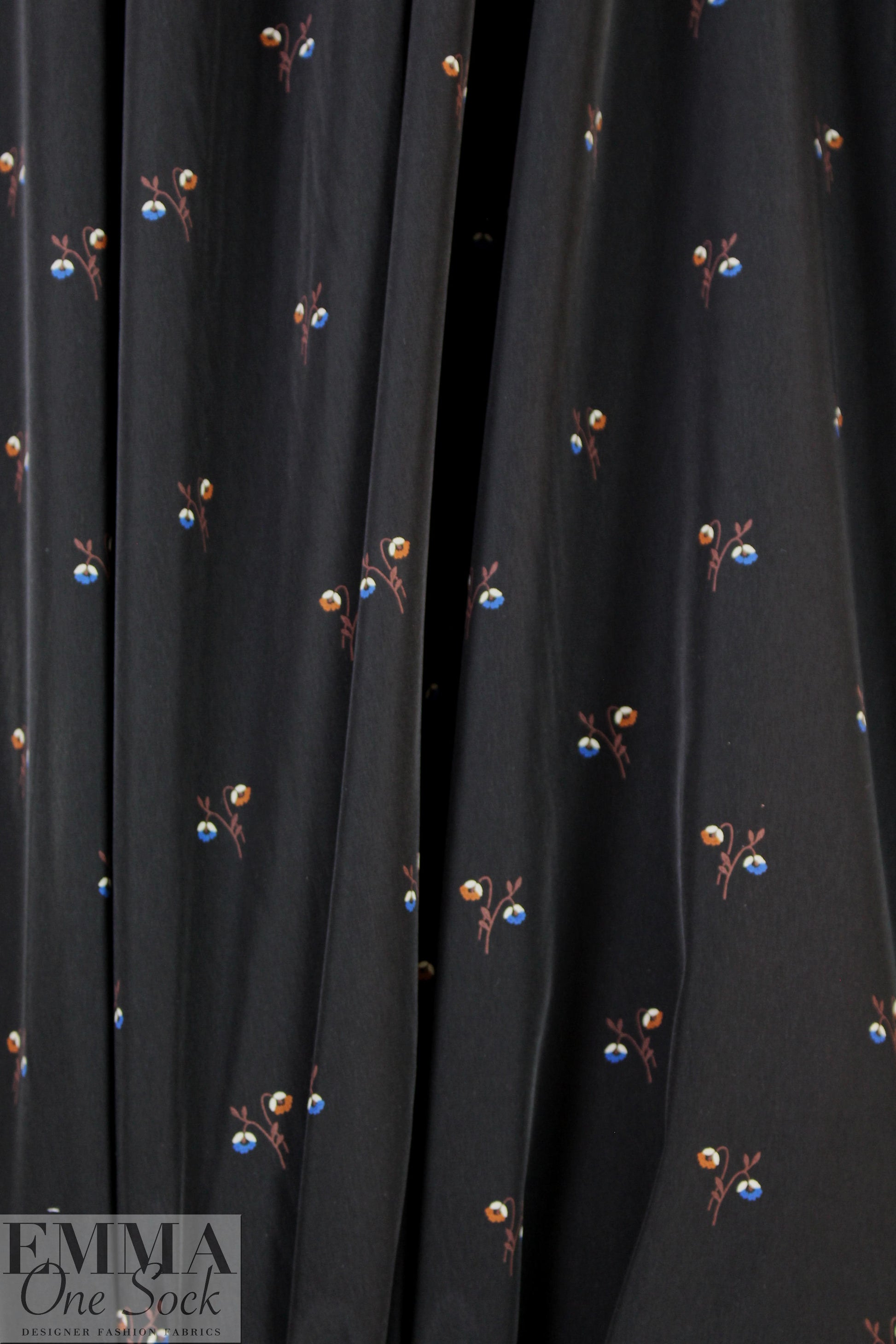 NY designer woodland floral on black polysilk