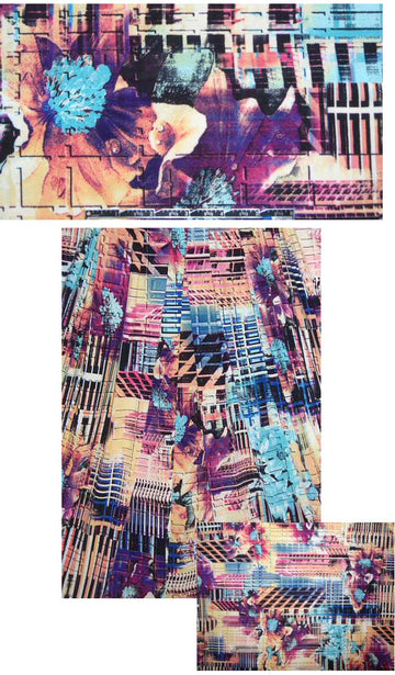 digital techno-flower poly/lycra knit - aqua/plum 1.375 yd