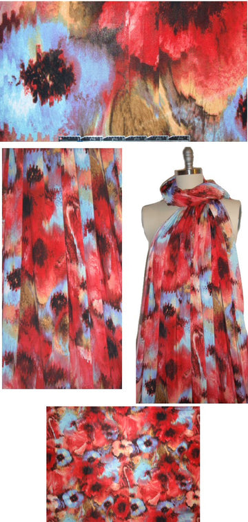 painterly poppies poly/lycra knit - red/aqua 2 yd