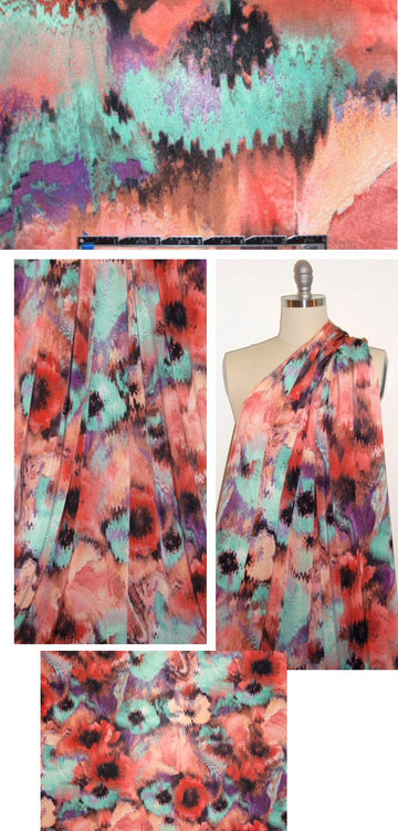 painterly poppies poly/lycra knit - coral/mint