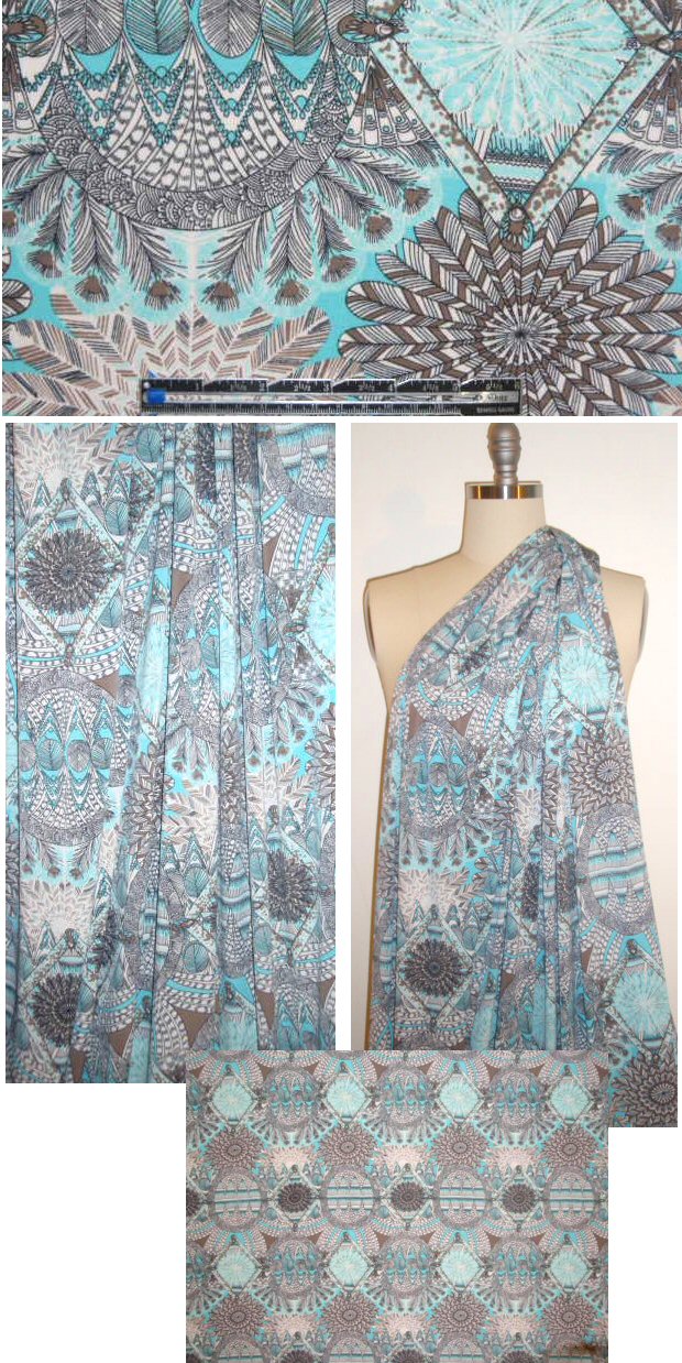aqua/mocha intricate medallion poly/lycra knit 1.625 yd