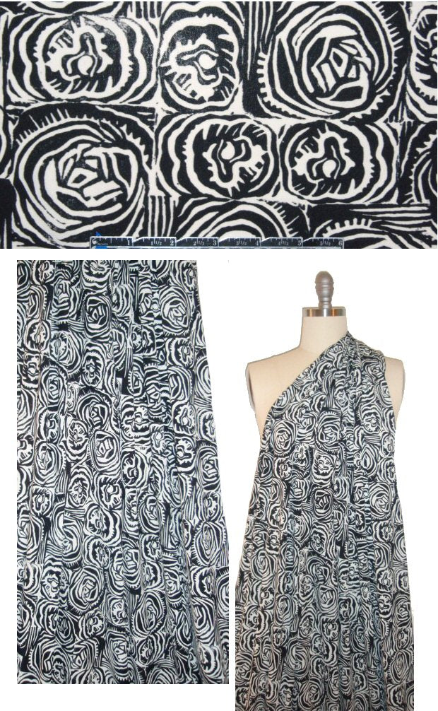 NY designer black/cream woodcut graphic poly/lycra knit