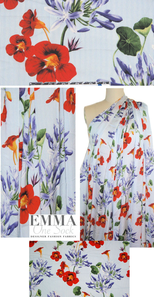flowers on stripes poly 'silk' woven - red/blue
