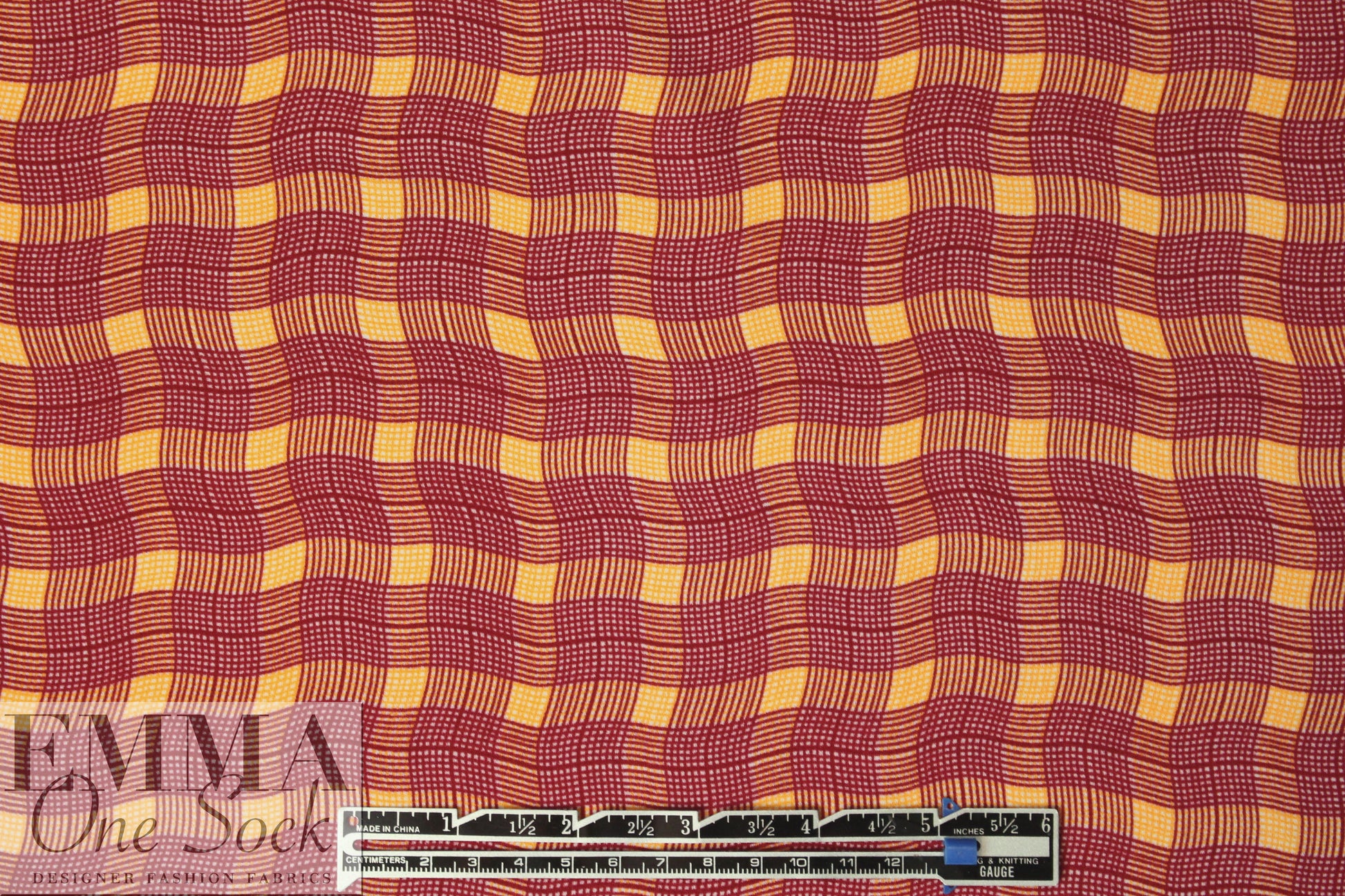 NY designer garnet/orange wavy plaid poly crepe woven 2 yd