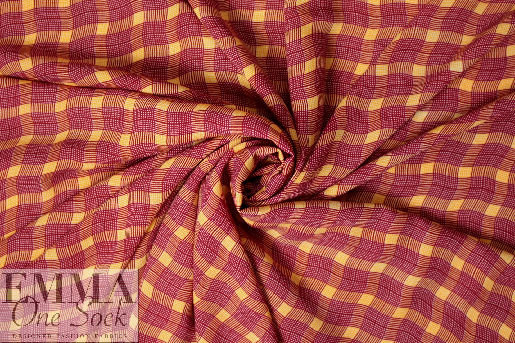 NY designer garnet/orange wavy plaid poly crepe woven 1.33 yds