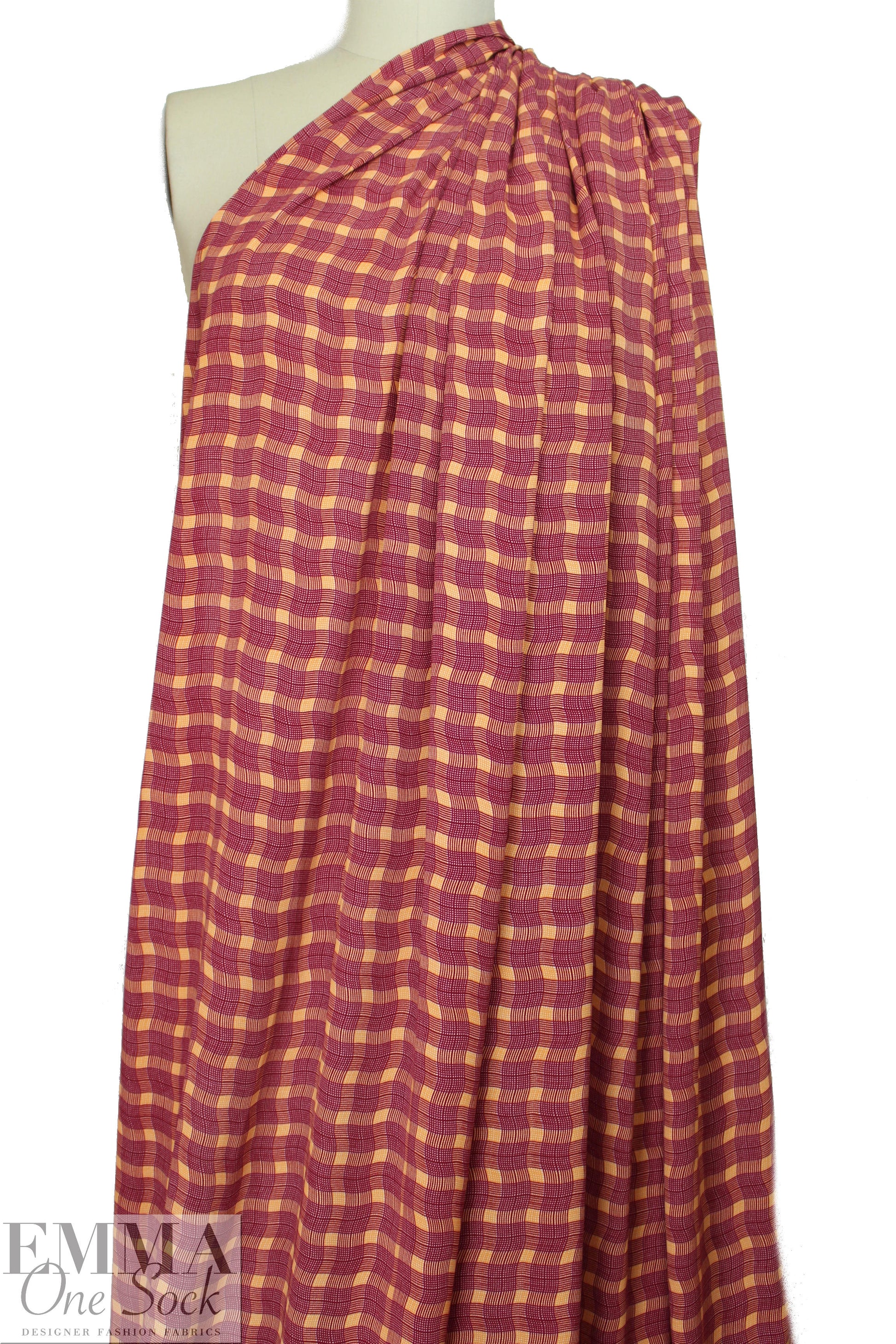 NY designer garnet/orange wavy plaid poly crepe woven 2 yd