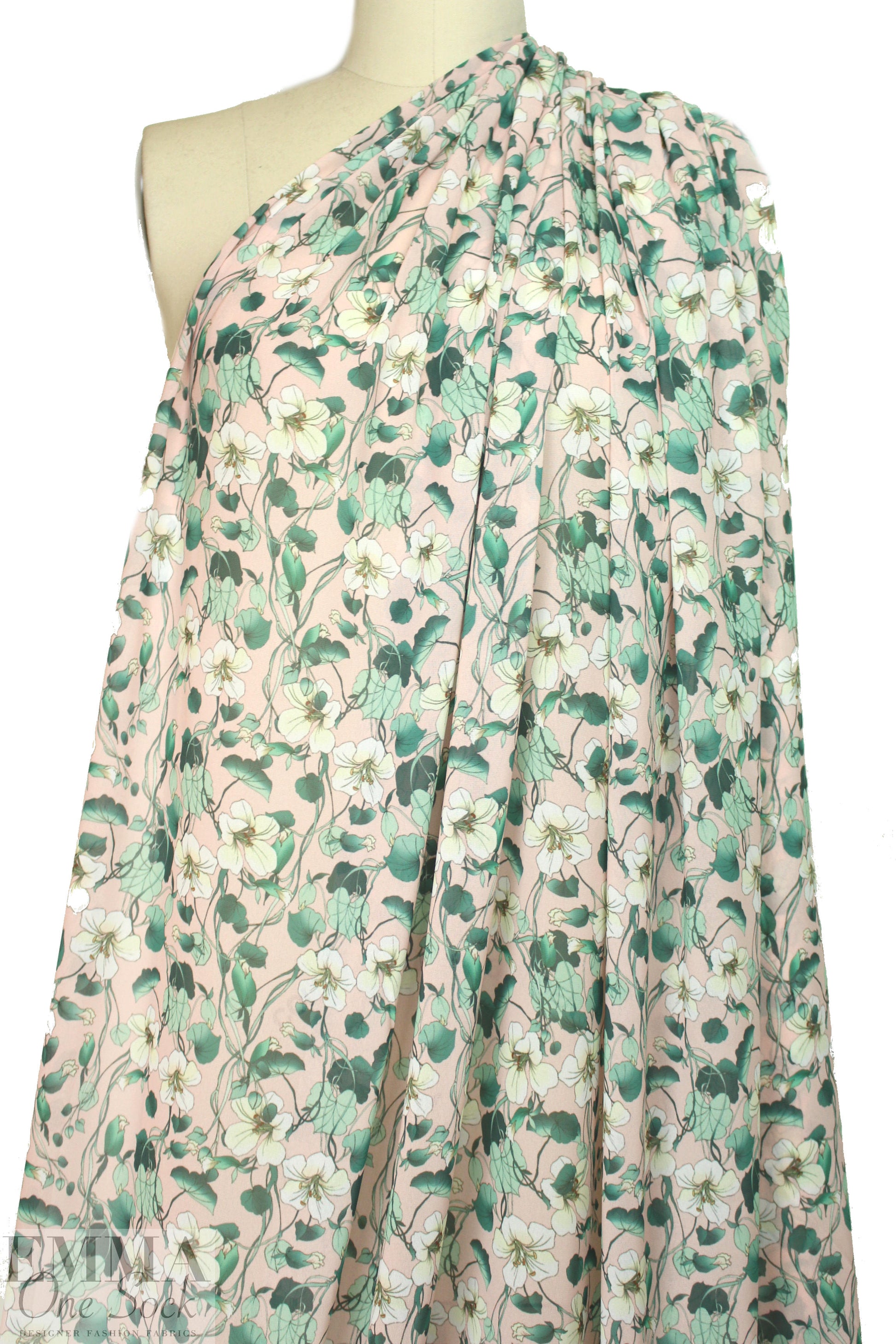 NY designer peach blush/mint floral polysilk chiffon 1.375 yd