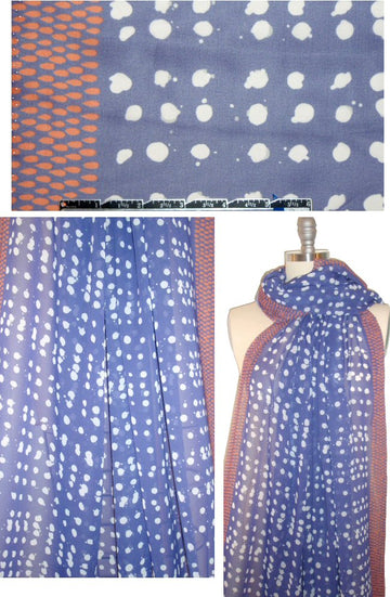 NY designer bordered grape/orange dot poly chiffon